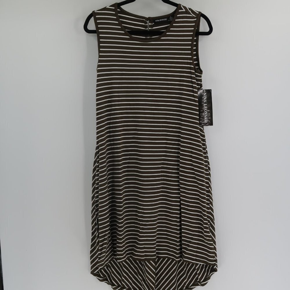 Nina Leonard Olive Green/White Striped Dress Size Small Brand new with tags